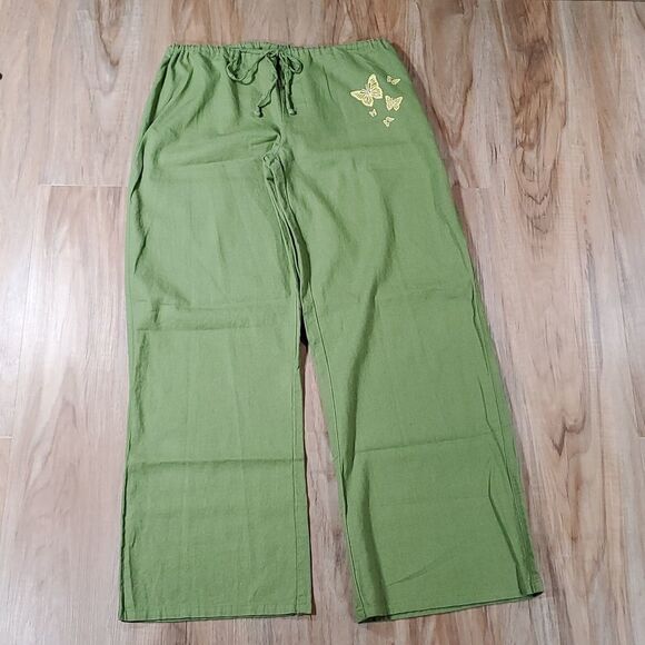 🔹️Derek Heart Green w/Yellow Rhinestone Butterflies Linen Blend Pants Large - Picture 2 of 8